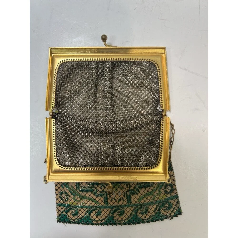 Antique Art Deco 1920's Whiting & Davis Enameled Mesh Flapper Purse Green Gold